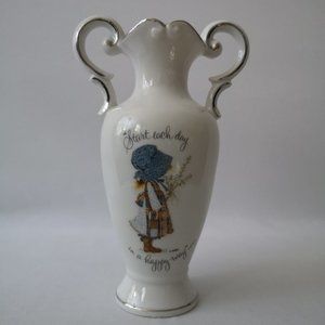 Vintage Holly Hobbie White Porcelain Bud Vase "Start Each Day in a Happy Way"